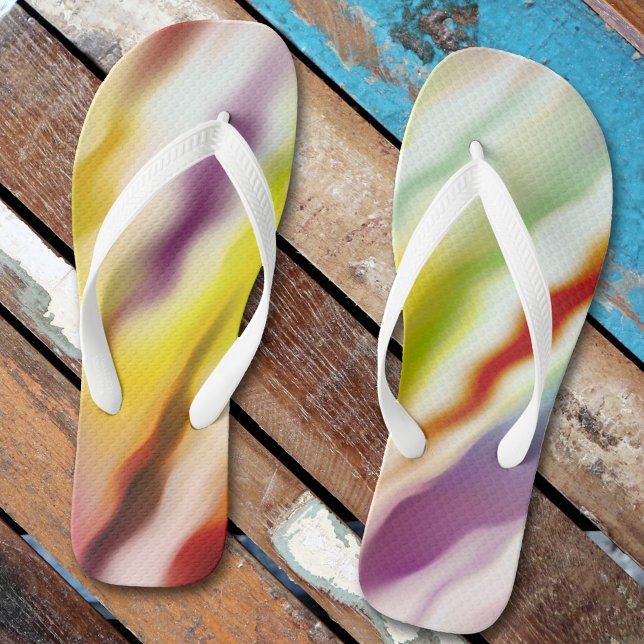 Modern Art Abstract Waves Flow Flip Flops (Flip flops featuring a modern art painted wave pattern in vibrant colors.)