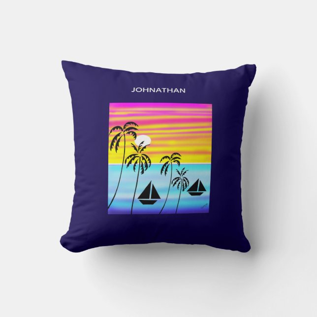 Modern Art Awesome Tropical Sunset Sailing Throw Pillow (Front)