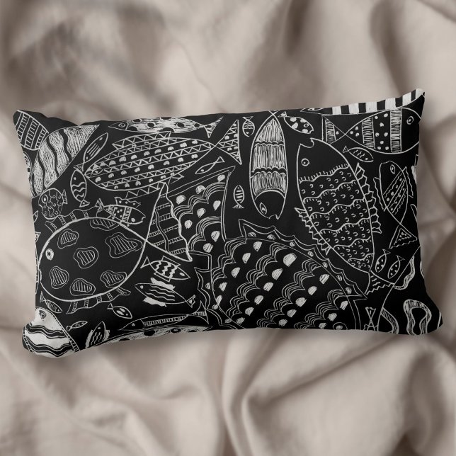 Modern Art Black And White Fish Pattern Lumbar Pillow (Creator Uploaded)