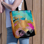 Modern art brush strokes blue gold monogrammed tote bag<br><div class="desc">Trendy modern glamourous acrylic abstract painted canvas in bold teal turquoise, blue, hot pink, black and faux gold making an elegant tote bag with a faux metallic gold copper monogrammed geometric circle for a makeup artist | wedding planner | hairstylist | fashion stylist | home interior decorator | designer |...</div>