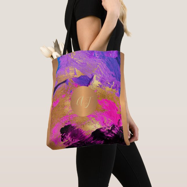 Modern art brush strokes purple gold monogrammed tote bag (Close Up)