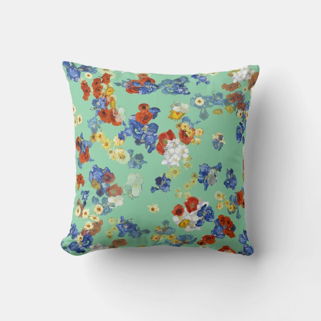 Modern Art Colourful Blue Red Flowers Sage Green Throw Pillow (Front)