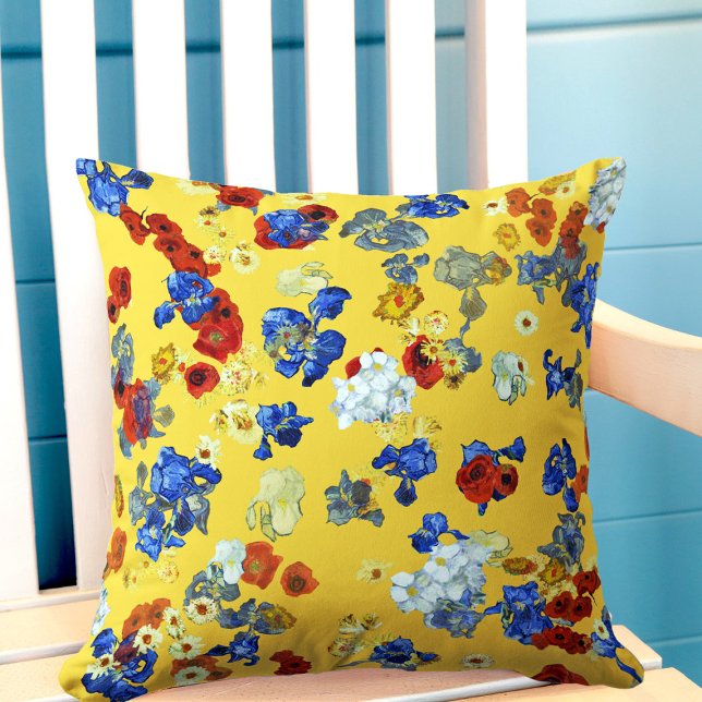 Modern Art Colourful Blue Red Yellow Flowers Throw Pillow (Creator Uploaded)