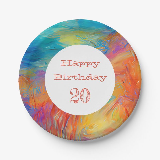 Modern Art Colourful Happy Birthday AGE Fun Paper Plate (Front)