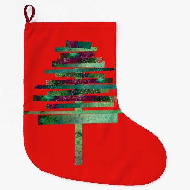 Modern art craft Christmas tree Large Christmas Stocking (Front)