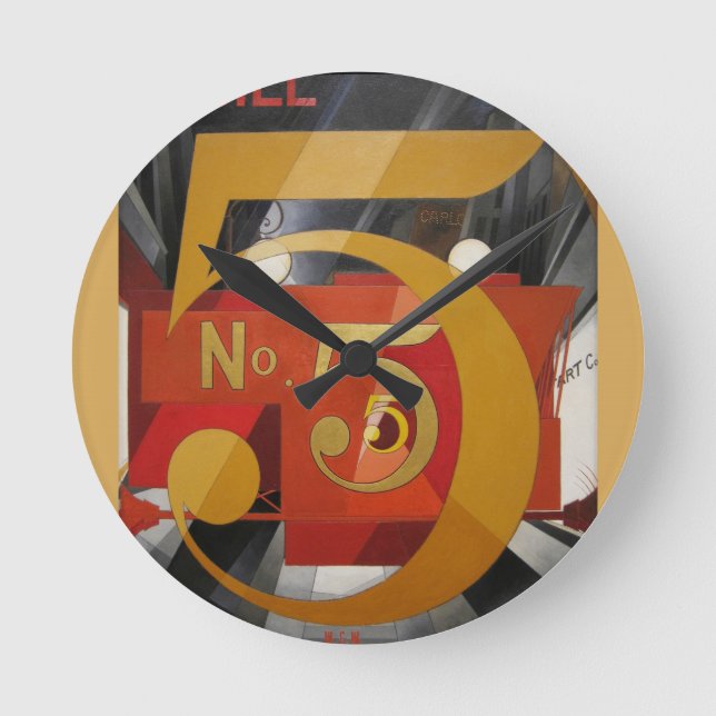 Modern Art Cubist Demuth Figure 5 in Gold Round Clock (Front)