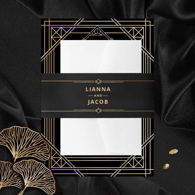 Modern Art Deco Black and Gold Wedding Classic Invitation Belly Band (Creator Uploaded)