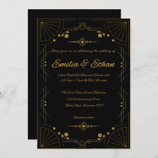 Modern Art Deco Black and Gold Wedding Invitation