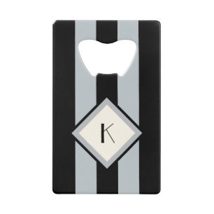 Modern Art Deco Black and Silver Stripes Monogram Wallet Bottle Opener