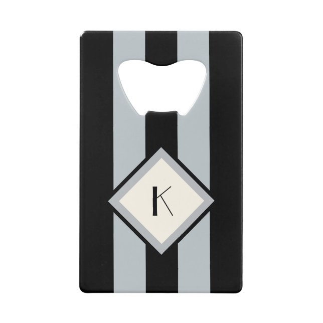 Modern Art Deco Black and Silver Stripes Monogram Wallet Bottle Opener (Front)