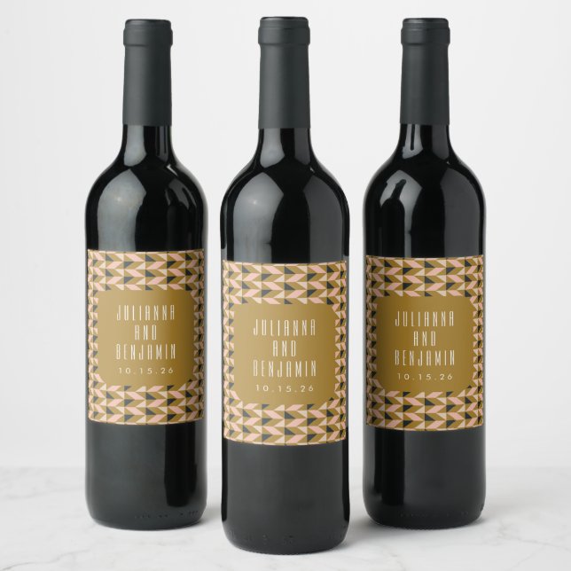 Modern Art Deco Black Blush Gold Wedding Custom Wine Label (Bottles)
