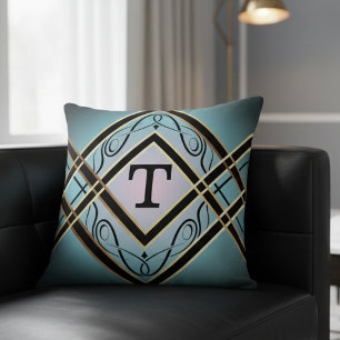 Modern Art Deco Blue Elegant Monogram Throw Pillow