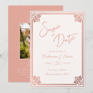 Modern Art Deco Blush Pink Peacock Photo Wedding Save The Date