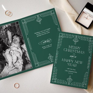 Modern Art Deco Christmas Photo Elegant Green Holiday Card