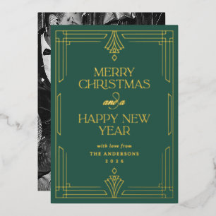 Modern Art Deco Forest Green Christmas Gold Foil Holiday Card