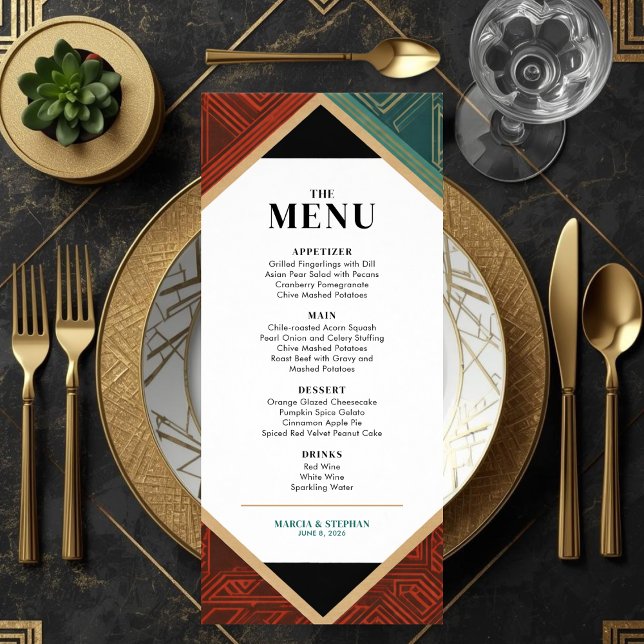 Modern Art Deco Geometric Diamond Frame Wedding  Menu (Art Deco Style Menu Card)