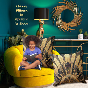 Modern Art Deco Gold Black Sunburst Motif 20 x 20 Throw Pillow