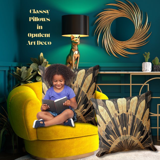 Modern Art Deco Gold Black Sunburst Motif 20 x 20 Throw Pillow (Personalized Art Deco sunburst motif throw pillows with your personal or business initials/monogram)