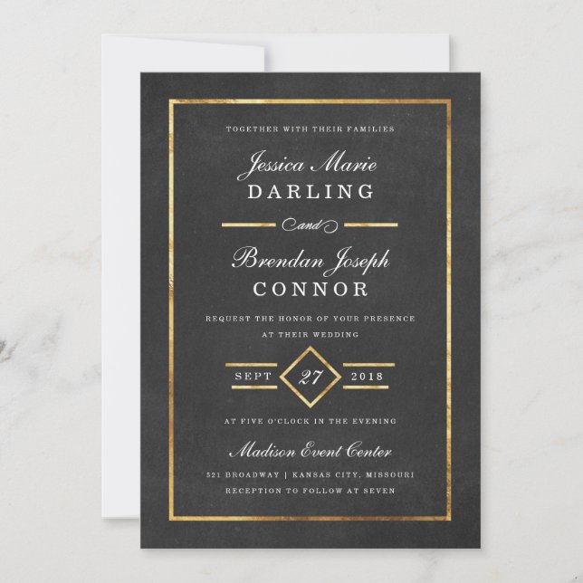 Modern Art Deco Gold & Black Wedding Invitation (Front)