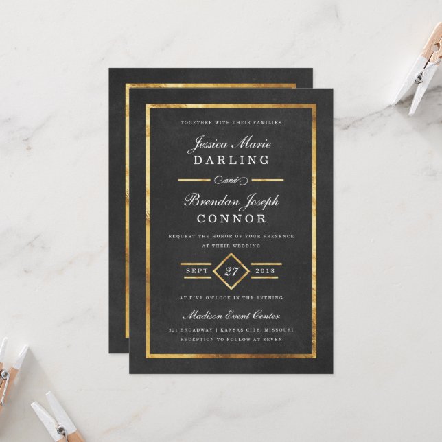 Modern Art Deco Gold & Black Wedding Invitation (Front/Back In Situ)