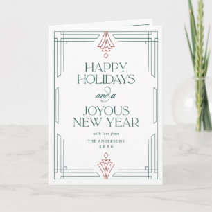 Modern Art Deco Happy Holidays White Green Photo Holiday Card