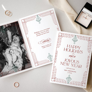 Modern Art Deco Happy Holidays White Red Photo Holiday Card