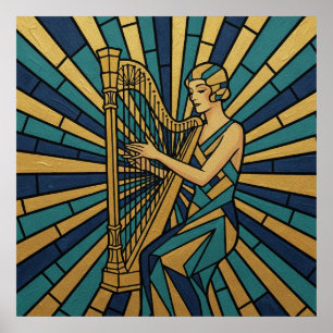 Modern Art Deco Harpist Poster Gold and Blue Mosai