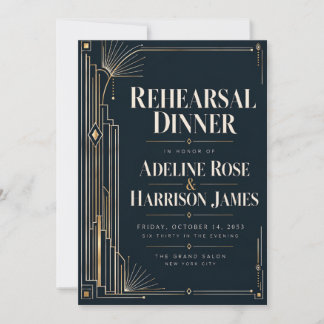 Modern Art Deco Midnight Black Tie Rehearsal Dinne Invitation