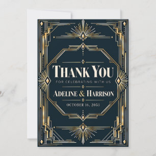 Modern Art Deco Midnight Black Tie Wedding Thank Y Invitation