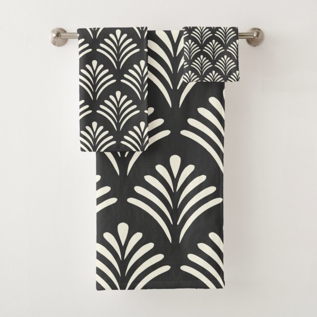 Modern Art Deco Motif Pattern Black and White  Bath Towel Set (Insitu)
