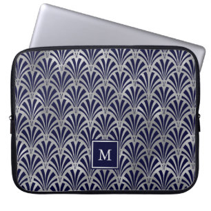 Modern Art Deco   Navy and Faux Silver Monogram Laptop Sleeve