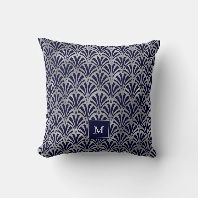 Modern Art Deco | Navy and Faux Silver Monogram Throw Pillow (Front)