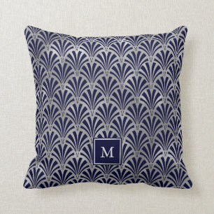 Modern Art Deco   Navy and Faux Silver Monogram Throw Pillow