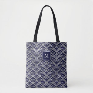 Modern Art Deco   Navy and Faux Silver Monogram Tote Bag