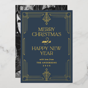 Modern Art Deco Navy Blue Christmas Gold Foil Holiday Card
