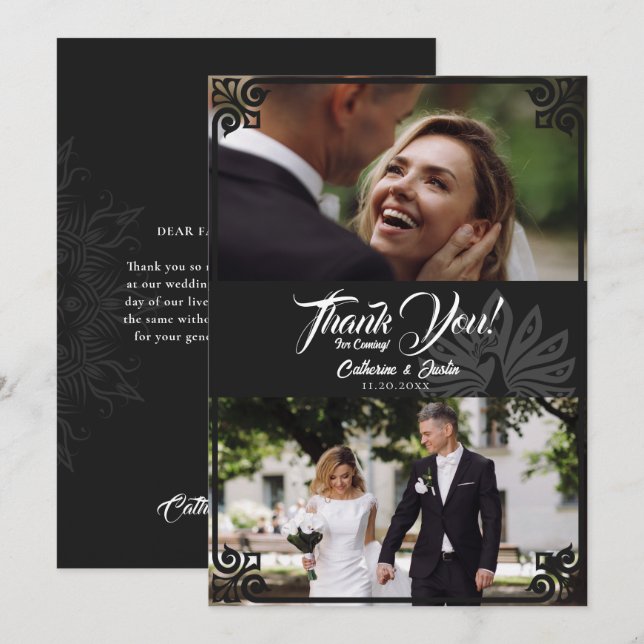 Modern Art Deco Peacock Black 2 Photo Wedding Thank You Card (Front/Back)