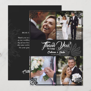 Modern Art Deco Peacock Black 4 Photo Wedding Thank You Card