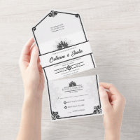 Modern Art Deco Peacock Black and White Wedding
