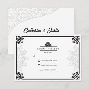 Modern Art Deco Peacock Black and White Wedding RSVP Card