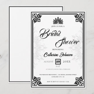 Modern Art Deco Peacock Black White Bridal Shower Invitation