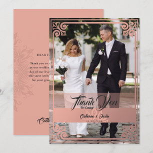 Modern Art Deco Peacock Blush Pink Photo Wedding Thank You Card