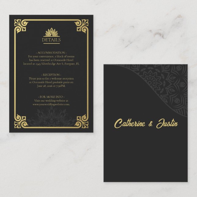 Modern Art Deco Peacock Gold and Black Details Enclosure Card (Front/Back)
