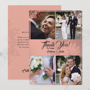 Modern Art Deco Peacock Pink 4 Photo Wedding Thank You Card