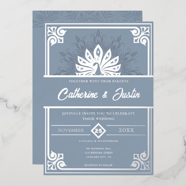 Modern Art Deco Peacock Wedding Silver (Front/Back)