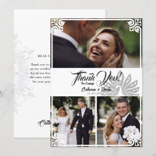Modern Art Deco Peacock White 3 Photo Wedding Thank You Card