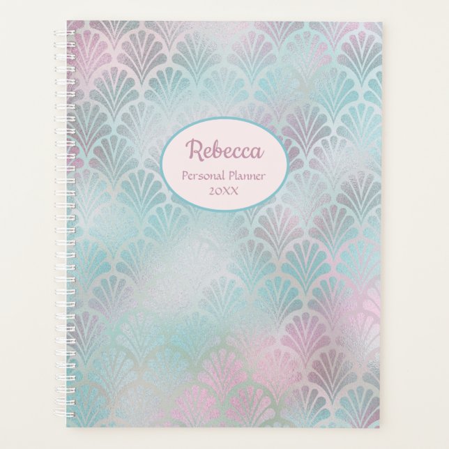 Modern Art Deco Pink Teal Personalize Name Planner (Front)