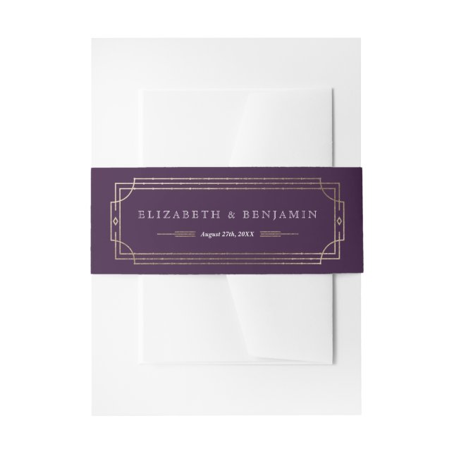 Modern Art Deco Plum Purple Gold Foil Invitation Belly Band (Front Example)