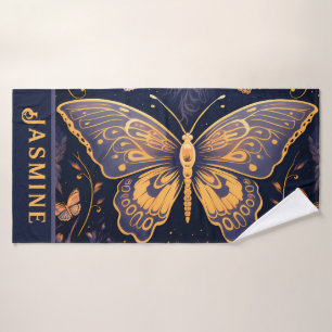 Modern Art Deco Purple Blue Gold Butterfly Bath Towel Set
