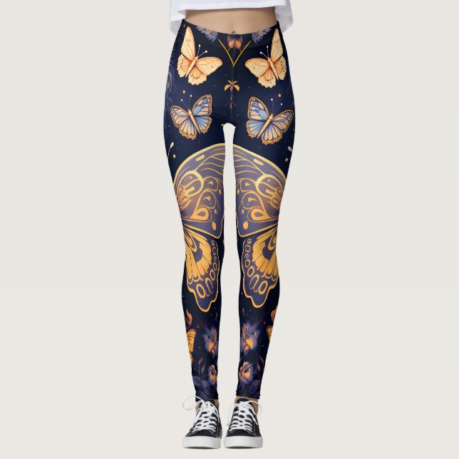 Modern Art Deco Purple Blue Gold Butterfly Leggings (Front)