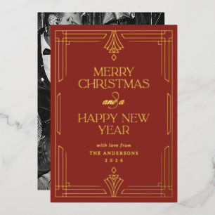 Modern Art Deco Red Christmas with Gold Foil Holiday Card